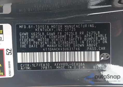 2025 Toyota Camry Se из США, поврежденный, VIN 4T1DAACK4SU631746